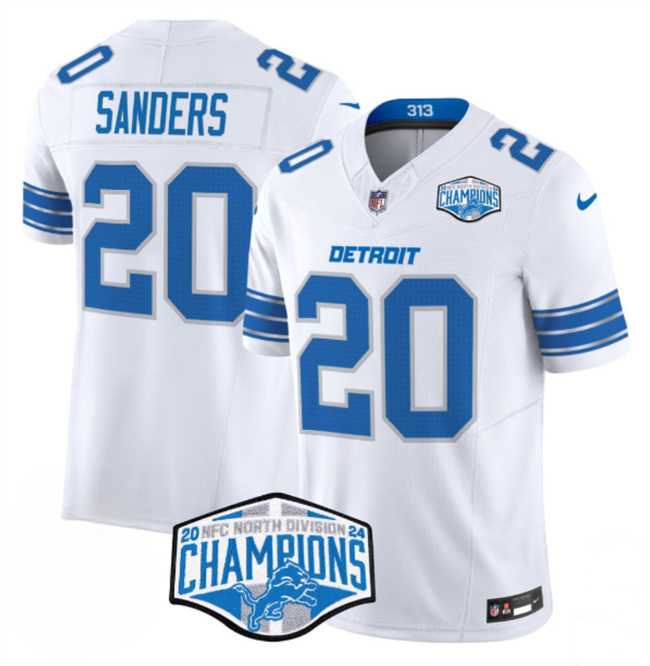 Mens Detroit Lions #20 Barry Sanders White 2024 NFC North Champions F.U.S.E. Vapor Limited Stitched Jersey